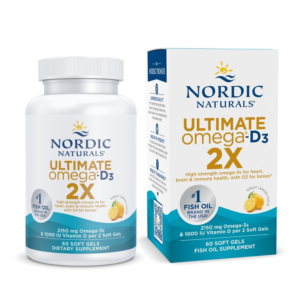 북유럽 자연 궁극적 오메가 2X 비타민 D3, 레몬 맛 - 60 소프트 젤 - 2150 mg 오메가 3 + 1000 IU D3 - EPA & DHA - 두뇌, 심장, & 면역 건강 - 30 서빙