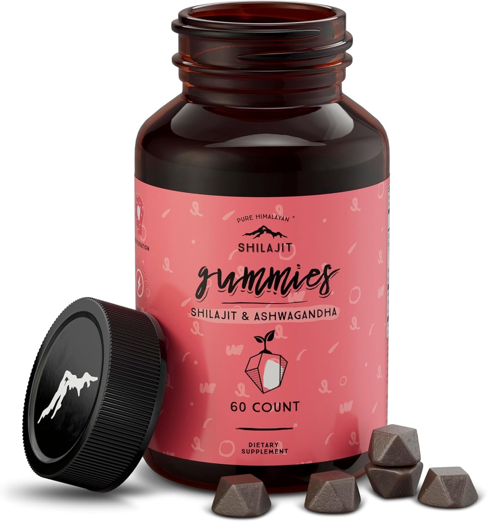 Pure Himalayan Shilajit Gummies, Sugar-Free, 85 + Trace Minerals & Fulvic Acid for Energy, Metabolism & Immune Support, 남성 및 여성을위한 Shilajit, Ashwaghanda Gummies (60 개)