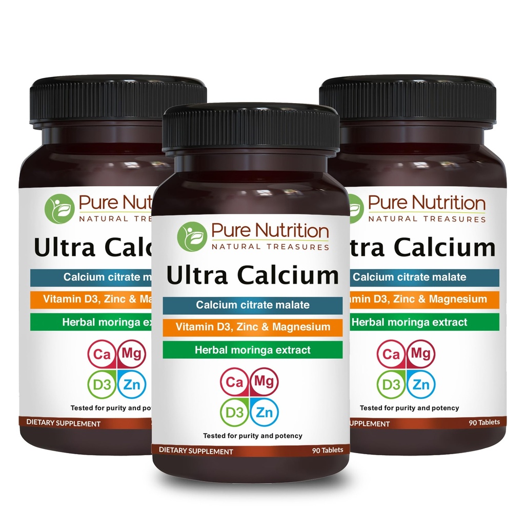 VIT D3 + K2를 가진 순수한 영양 매우 칼슘 1000mg | 270 탭 (90 X 팩 3) | 칼슘 시트레이트 말레이트, VIT D3, K2, Moringa Oleifera, 마그네슘 및 아연을 가진 높게 흡수성 칼슘 보충교재.