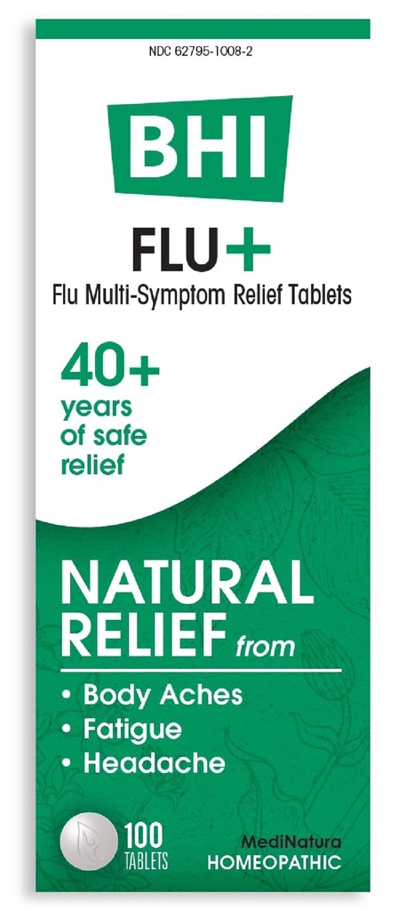 BHI Flu + 냉방 멀티-Symptom Relief Natural Safe Non-Drowsy Remedy 11 Body Aches, Fatigue, Chills & Headache 용 Homeopathic 활성 성분 - 100 정제