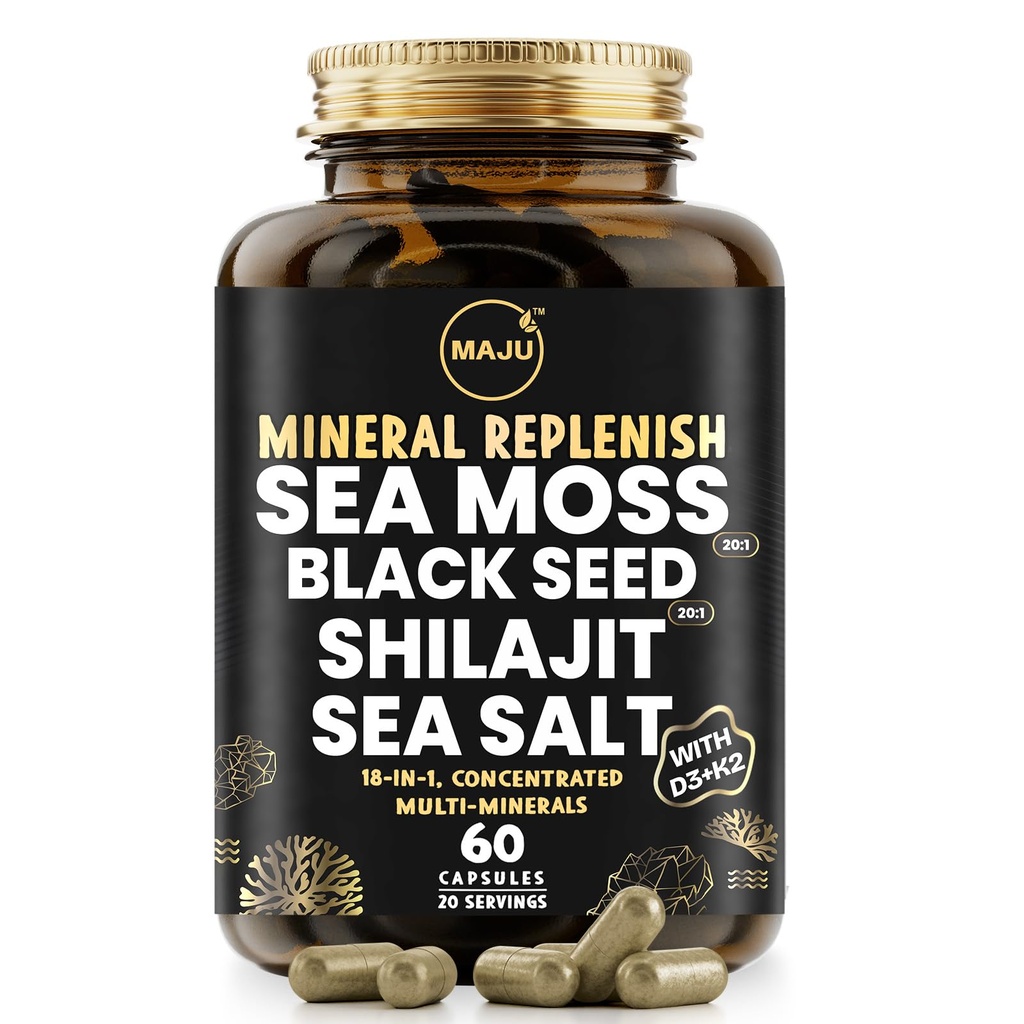 Maju Superfoods 18-in-1 Sea Moss, Black Seed, Shilajit, Sea Salt + D3 & K2, 농축 추출물, Trace 멀티 미네랄 캡슐, 남성 및 여성 미네랄 일렉트릭 보충제