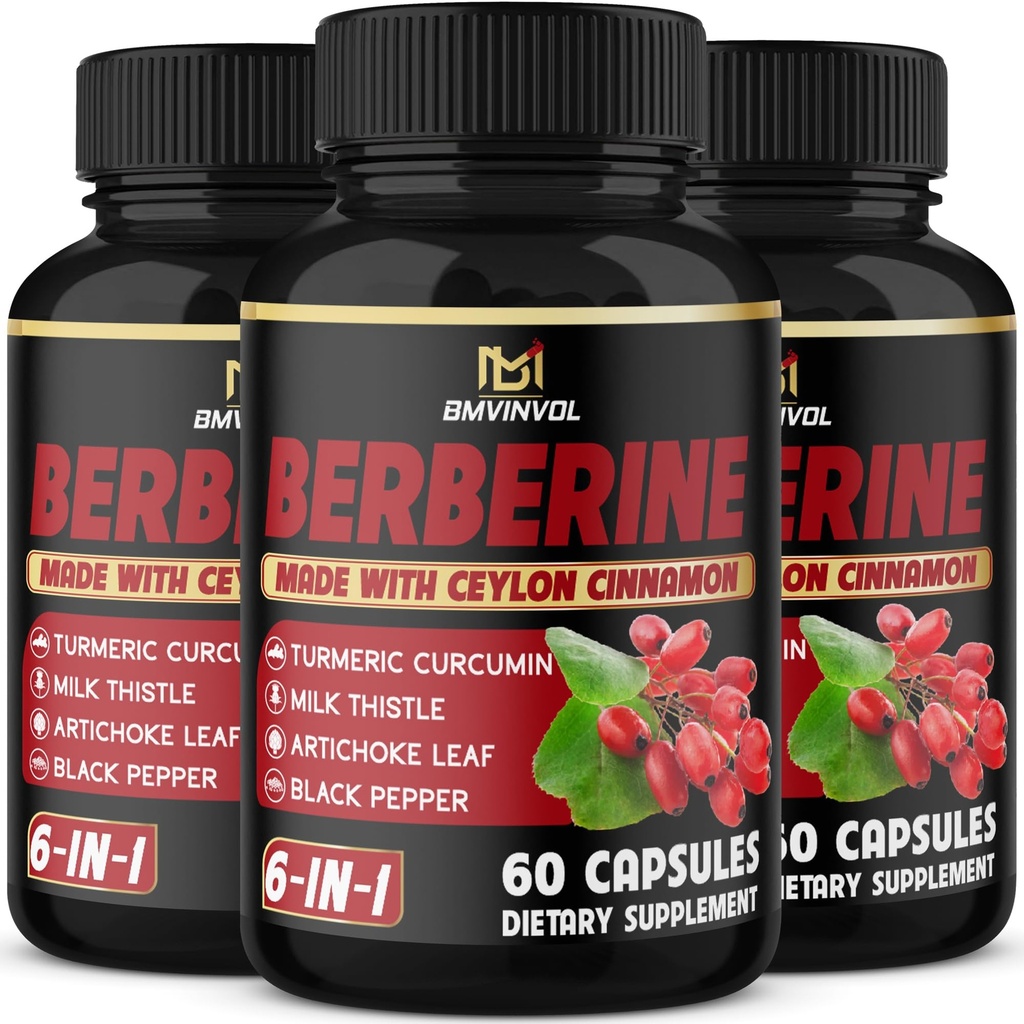 (3 팩) Berberine 보충 플러스 Ceylon 계피, 우유 이틀, 심황, Artichoke 잎, 검정 Peppe - 6 개월 공급 - 180 캡슐 총