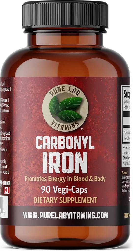 Pure Lab Vitamins Carbonyl Iron - 90 Vegan Caps VIT C, Superior Bioavailability를 가진 Metallic Iron의 독특한 공식화 - 캐나다에서 만들어진 비 변형, 지원 빨간 혈액 세포 형성