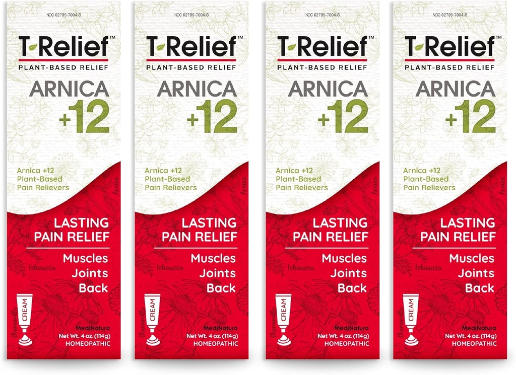 T-Relief Arnica +12 크림 자연적인 구호는 허리 통증 합동 Soreness 근육 Aches & Stiffness를 위한 능동태, 여자 & 남자를 위한 전체적인 몸 빠른 행동 구호 - 4개 oz (4 팩)