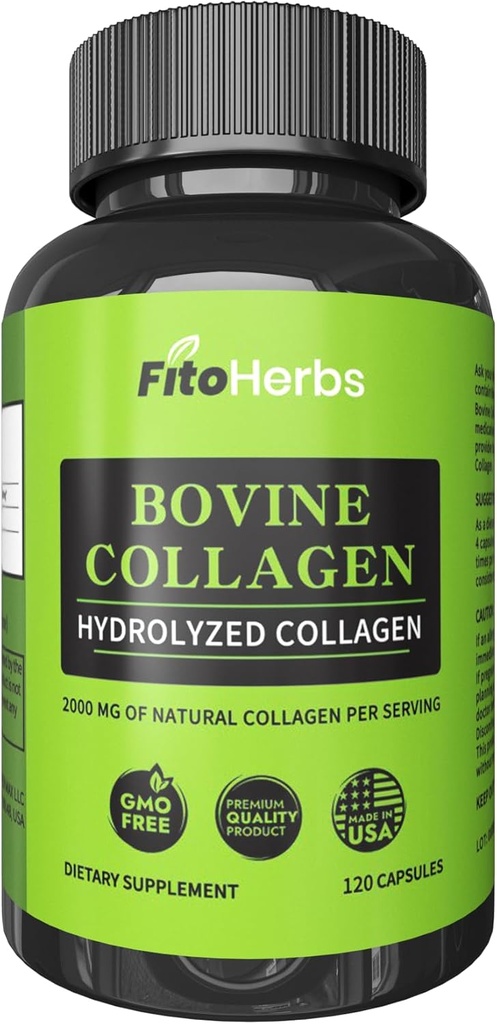 Vegan Bovine Collagen 캡슐 - 남성 및 여성을위한 강력한 보충제 - 공동, Nerve & Bone 지원을위한 Hydrolyzed Bovine Collagen Peptides 보충 - 잔디 Fed, Non-GMO - 120 캡슐