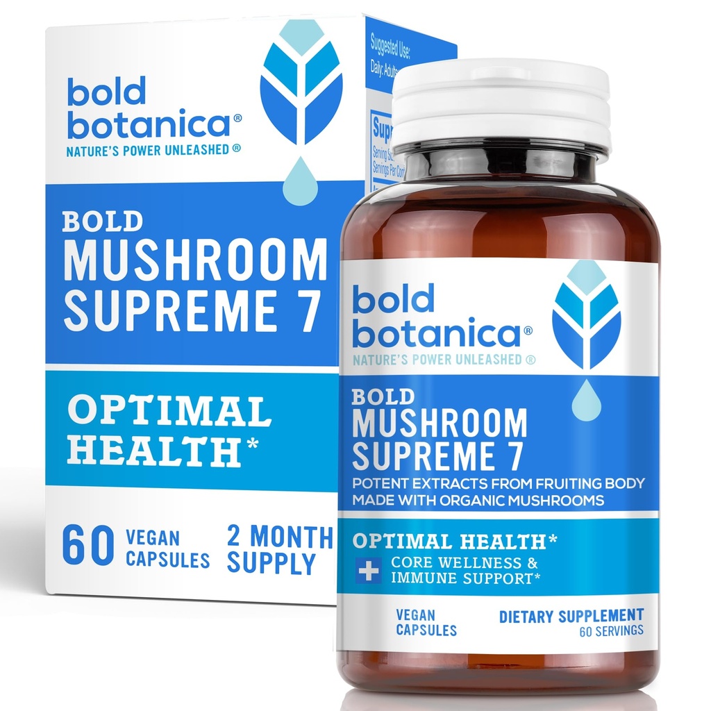 Bold Botanica Mushroom Supreme 7 – 버섯 보충 – 터키 꼬리의 유기 추출물, Chaga, Phellinus, Reishi, Cordyceps, Maitake, Immune 지원 & Optimal Wellness, 60 모자