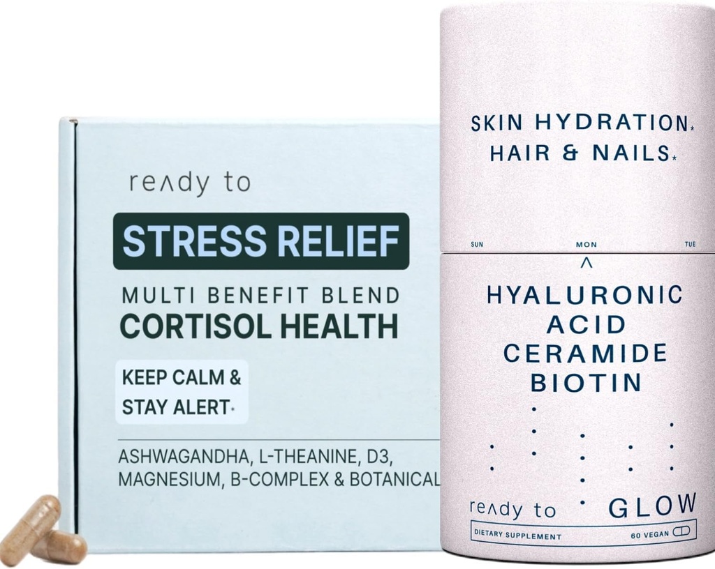 피부 및 스트레스 완화 세트 | Cortisol 건강 및 노화 방지 보조 식품 Ashwagandha, Hyaluronic 산, Ceramide, Biotin & Antioxidants | Calm, 피부 및 헤어 지원