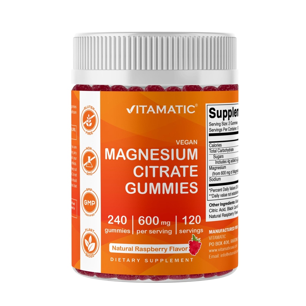 Vitamatic 마그네슘 구연산염 Gummies 봉사 당 600mg - 240 Vegan Gummies - 자연적인 딸기 풍미 - 높은 흡수 마그네슘 보충교재 - 지원 Nerve, 뼈 및 근육 건강
