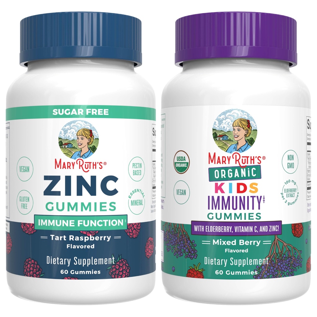 MaryRuth Organics Zinc (Tart Raspberry) & Kids Immunity Gummies (Mixed Berry) | Clean Label Project Verified® | 면역 및 전반적인 건강과 웰빙 비타민 | Vegan, Non-GMO, 젤라틴 없음