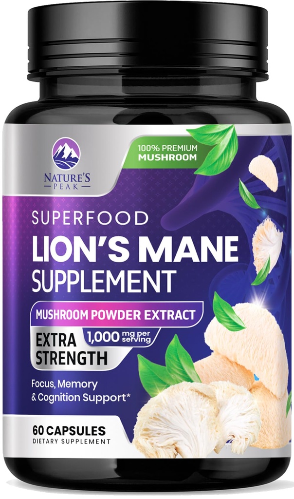 Lions Mane Mushroom 캡슐 10,000mg - 메모리 및 초점 지원, 두뇌, 면역 건강 지원, Vegan, 미국, 사자 Mane 버섯 분말 추출물, 60 조사를 위한 사자 Mane 보충교재 캡슐