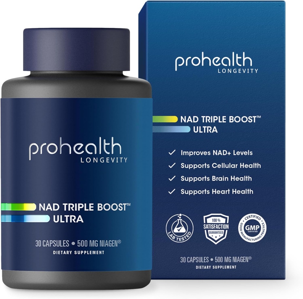 ProHealth NAD Triple Boost Ultra + 500mg Niagen NR. 3X NAD + Optimizer Plus Apigenin, PQQQ, Quercetin. Longevity, Heart 및 Brain Health를 홍보하고, 셀룰러 수리의 Sirtuins를 활성화 (30 서빙)