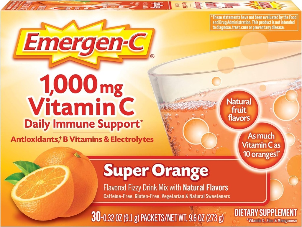 매일 면역 지원 카페인 자유로운 비타민 C를 위한 Emergen-C 1000mg 비타민 C 분말 아연과 망간, 최고 주황색 풍미 - 30 조사