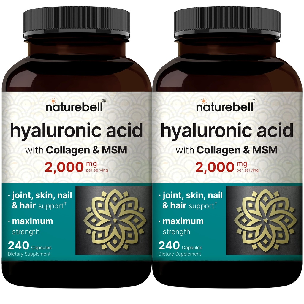 NatureBell 2 팩 Hyaluronic 산은 2,000 mg를 보충합니다 | MSM & Hydrolyzed Bovine Collagen와 더불어 480의 총 캡슐 – 피부 Hydration, 합동 윤활, 머리 및 눈 건강을 위한 1 지원에서 3