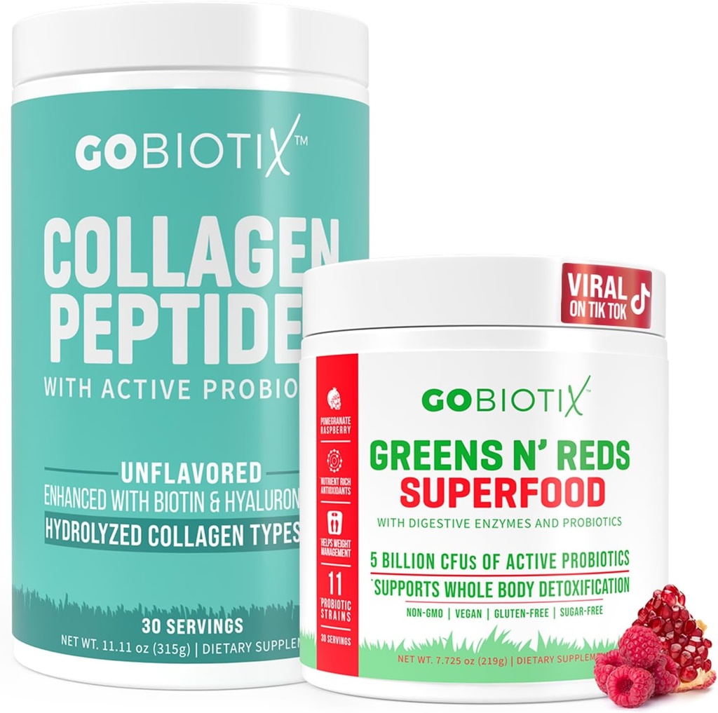 GOBIOTIX Super Greens & Collagen 번들 - 유기 Spirulina & Hair-Skin-Nails 지원과 활력 부스트 - 각 30 개 봉사