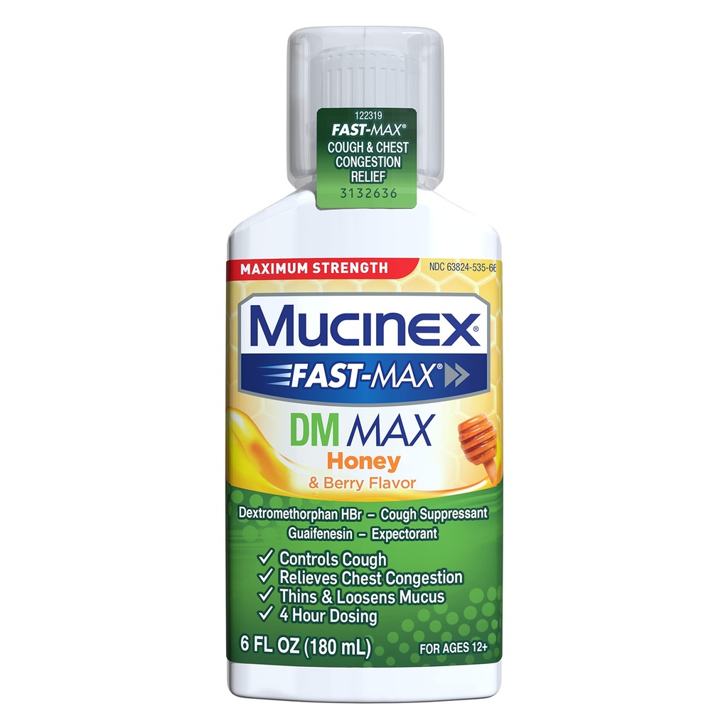 Mucinex 빠른 최대 최대 힘 DM MAX의 증상 기복, 기침 억제제 및 기대, 꿀 & 베리 풍미, 6 FL OZ