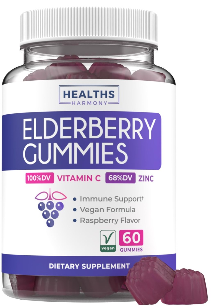 성인을위한 Vegan Sambucus Elderberry Gummies - 매일과 계절 웰빙을위한 검은 Elderberry 비타민 C 및 아연 Gummies - 맛있는 영양이 풍부한 면역 지원 거미 (1 개월 공급)