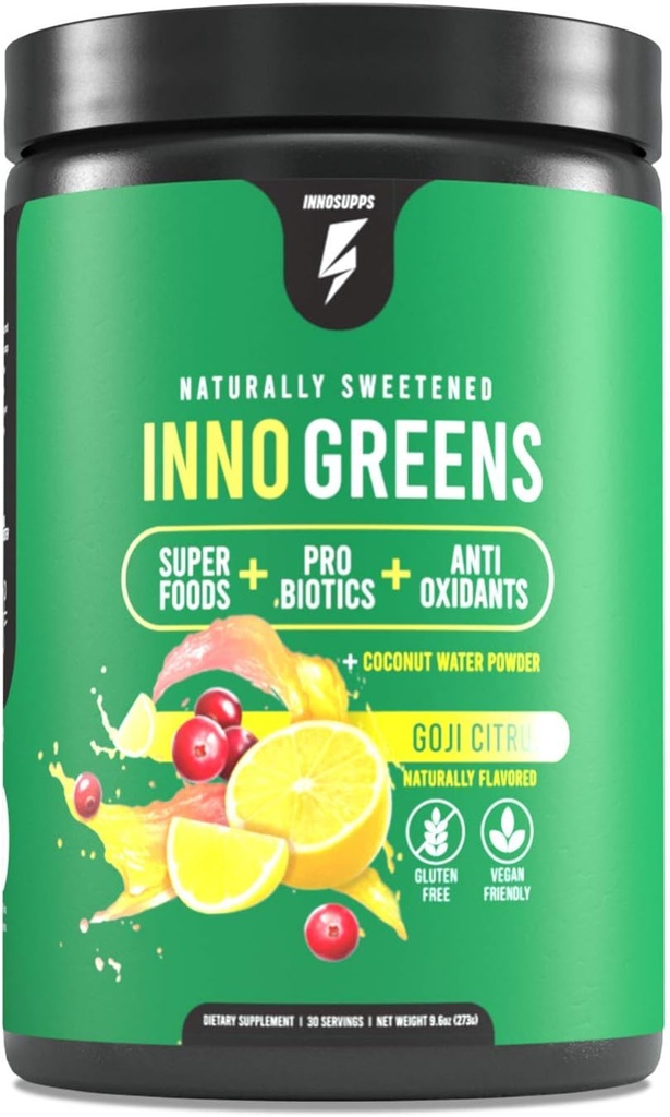 InnoSupps Inno Greens | 28+ Organic Greens & Superfoods | Advanced Prebiotics + Probiotics | Super Antioxidant + Hydration | Spirulina, Chlorella, Ashwagandha - 30 서빙 (Goji Citrus)