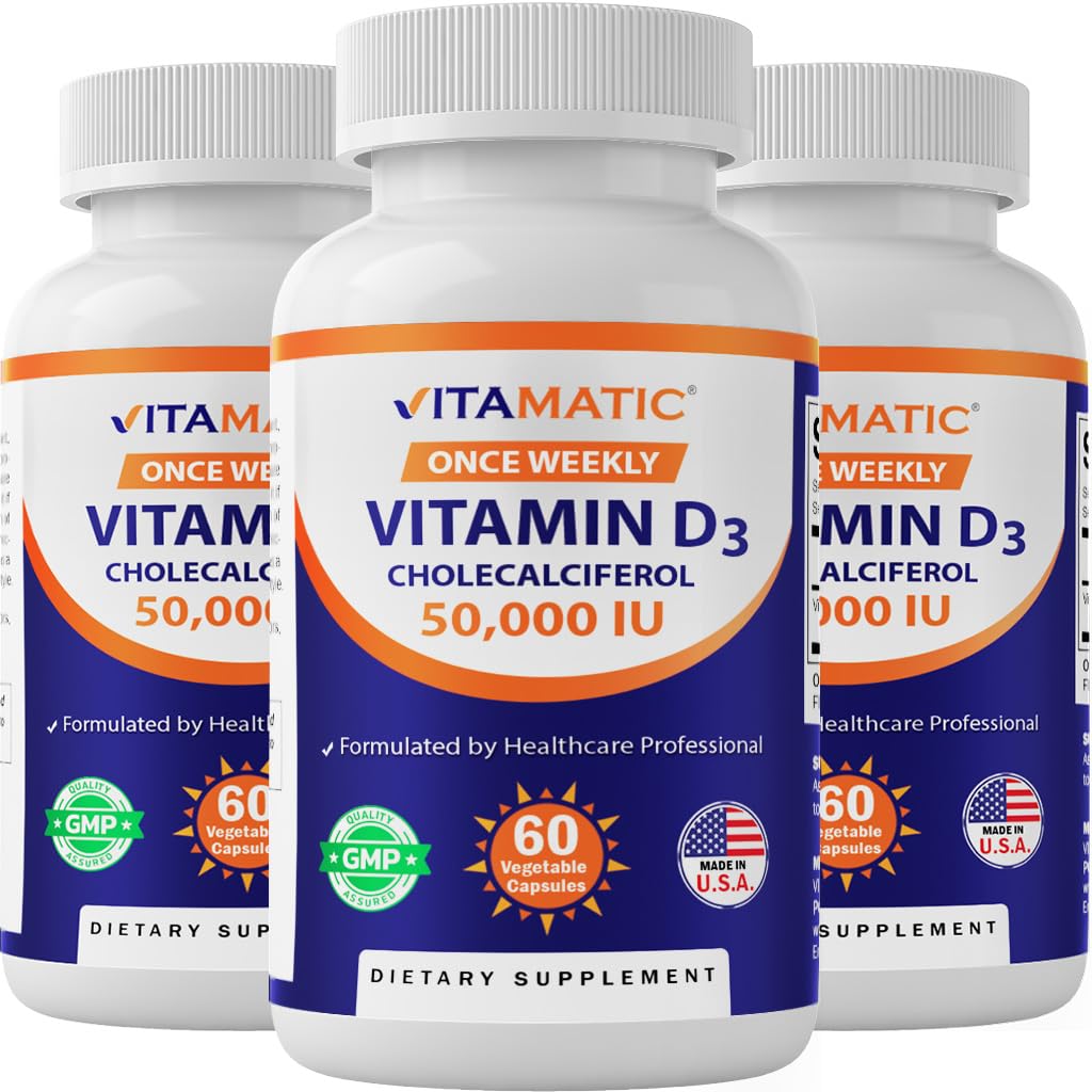 Vitamatic 3 팩 비타민 D3 50,000 IU (Cholecalciferol로), 일주일에 한 번 복용량, 1250 mcg, 60 Veggie 캡슐 1 년 공급, 비타민 D 결핍을 돕는 진보적인 공식