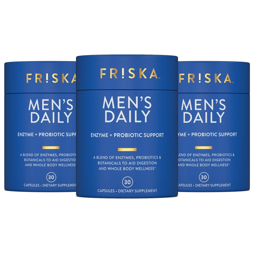 FRISKA Men’s Daily Digestive Enzyme and Probiotics Supplement, Male Digestive Health, Bloating, Gas, Indigestion Relief, Gut Health, Lactase 및 B-Vitamins, 90 캡슐에 대한 천연 지원
