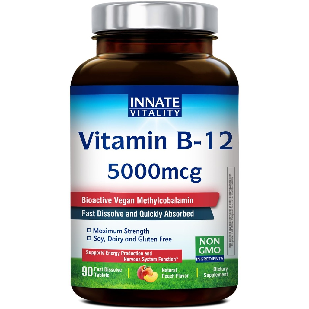 Innate Vitality 비타민 B12 5000mcg, 하위 언어, Vegan Methylcobalamin, 빠른 용해 정제, 자연적인 복숭아 풍미, 지원 에너지 생산 & 건강한 신경계, 90의 정제