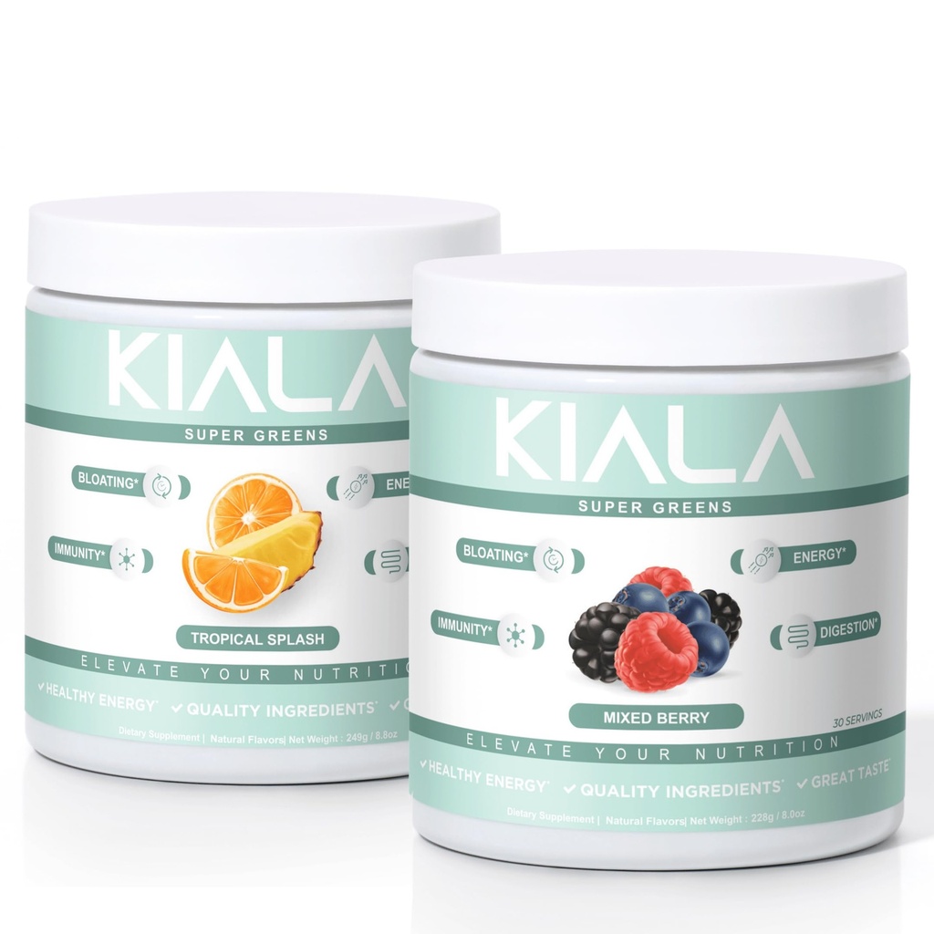 Kiala 영양 슈퍼 그린, 유기 녹색 분말, Spirulina & Chlorella Superfood 분말, 설탕 & 글루텐 무료 채건, 스펙트럼 혼합, 열대 슬루시, 혼합 Berry 2 팩