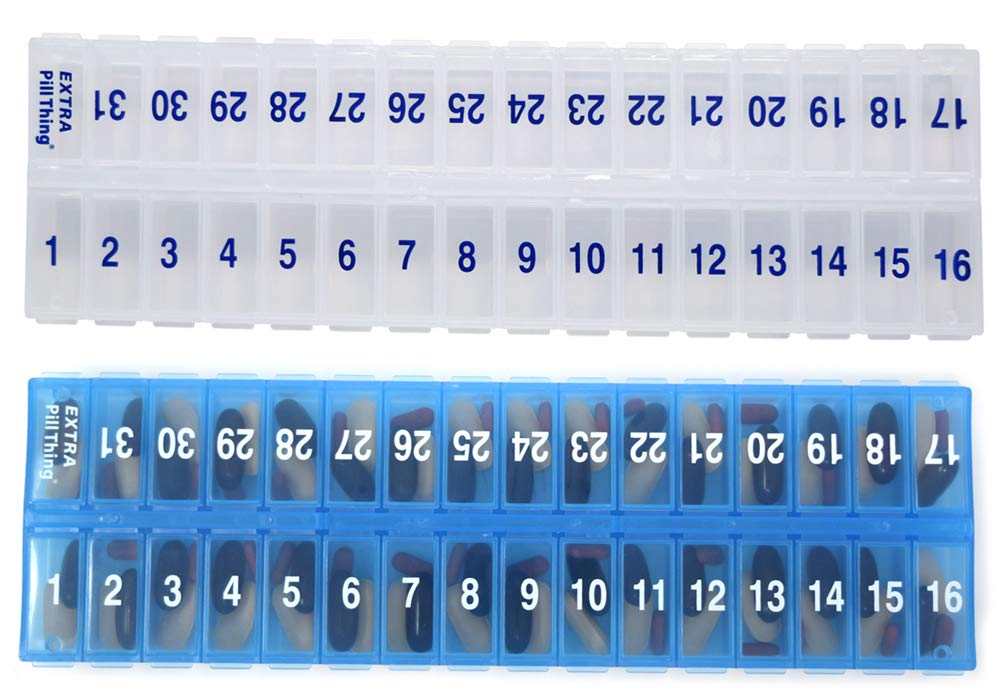 AM PM 31 일 한 번 - 일 월간 알약 플래너 주최자 - 대형 구획 알약 상자 저장소 Medications for Entire Month Plus Compartment for Extra Pills (AM / PM Clear & Blue) BPA 무료