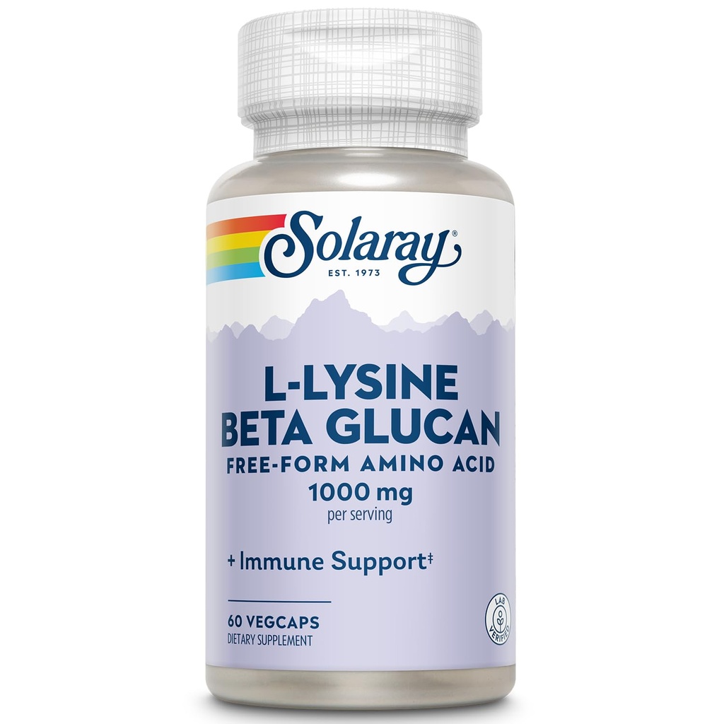 Beta Glucan, 무료 양식 아미노산, L-Lysine 1000mg 캡슐, 면역 지원 보충교재, 건강한 피부 및 입술 지원, 60 일 보증, 실험실 확인되는, 30의 서빙, 60의 VegCaps를 가진 SOLARAY L-Lysine