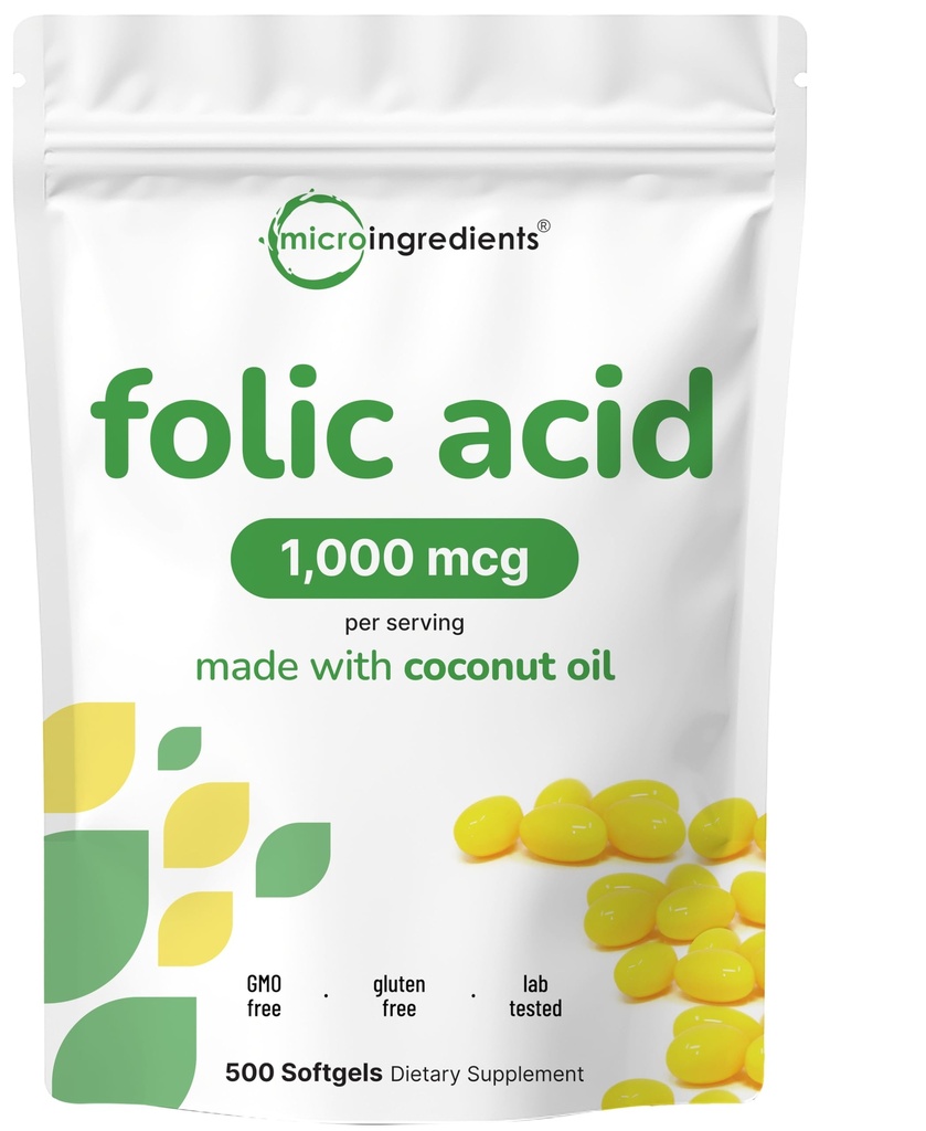 Folic Acid 1,000 mcg, 500 코코넛 오일 Softgels (1mg) | Essential Prenatal Vitamins (비타민 B9) | 1,667 mcg DFE | 제 3 자 테스트, 인공 색상 또는 맛 | 비 GMO, 글루텐 무료