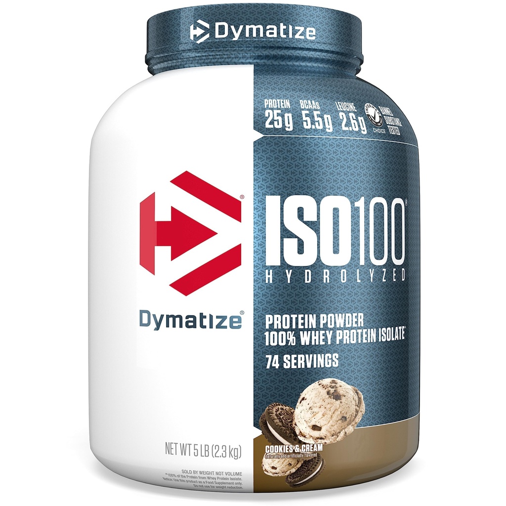 Dymatize ISO100 Whey Protein Powder Isolate, 쿠키 및 크림, 단백질 25g, 5 파운드, 5.5g BCAAs, 120 Cal 미만., 글루텐 무료, 1g 지방, 1g 설탕, 2g Carb (74 서빙)