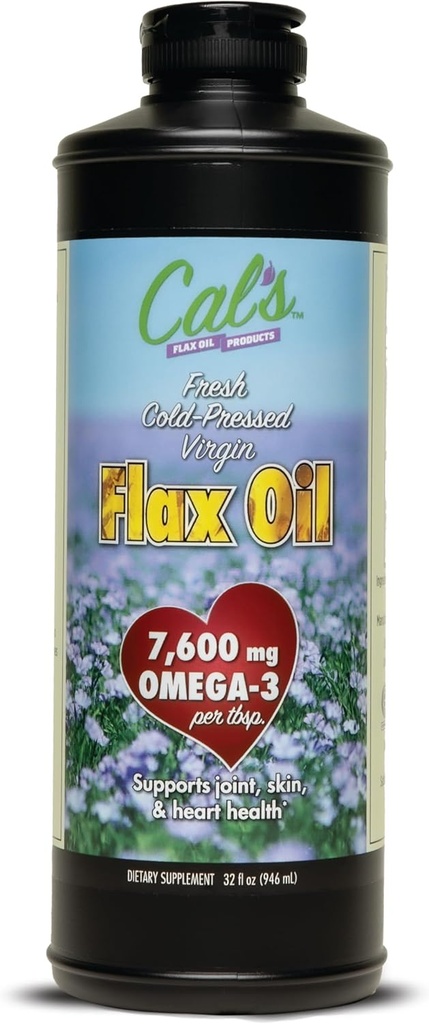 Cal 's Flax Oil, Cold Pressed Flax Seed, Omega 3 Fatty Acid, Unrefined Flax Seed Oil, 합동, 피부 및 심장 건강 지원을위한 순수한 Flax Seed Oil Liquid Supplement - 32 oz
