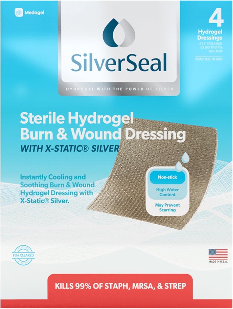 실버 시트 버너와 윈드 드레스 | X-Static Silver | Soothing, Moist & Protective | Burns, Cuts & Wounds | 4 Sterile Dressing