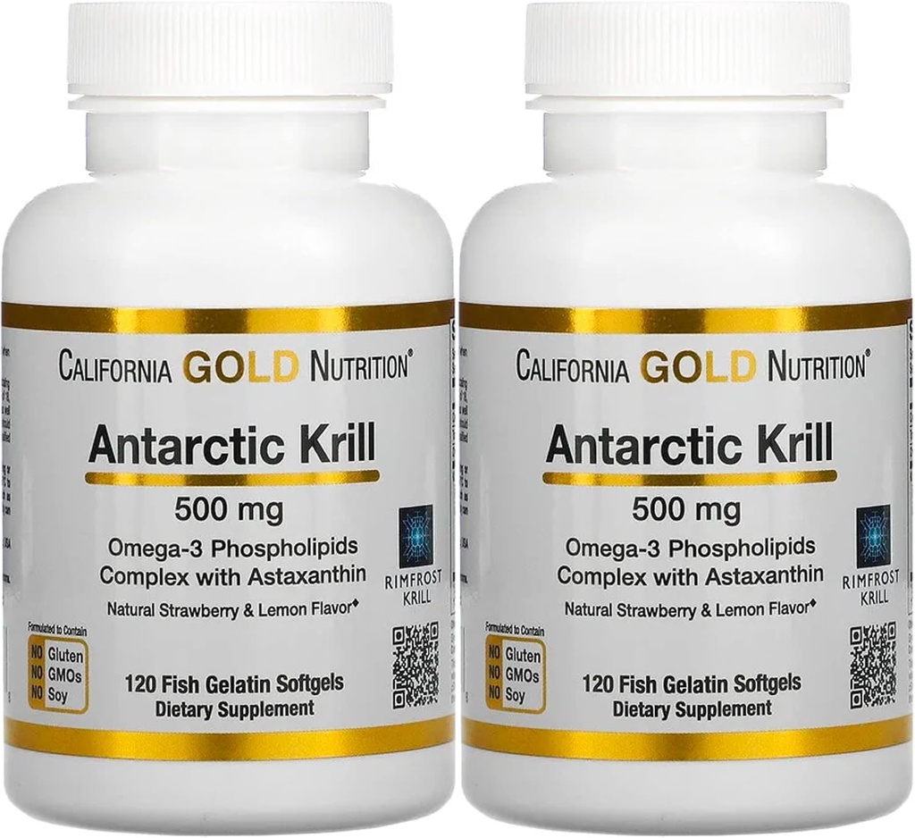 캘리포니아 골드 영양 Antarctic Krill 오일, Astaxanthin, 천연 딸기 및 레몬 맛, 비 GMO, 글루텐 무료, 500 mg, 120 물고기 젤라틴 Softgels, 2 팩
