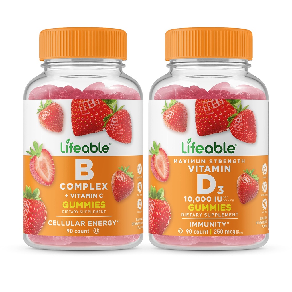 Lifeable B Complex + 비타민 D 10000 IU, Gummies 번들 - 훌륭한 타스팅, 비타민 보충, 글루텐 무료, GMO 무료, Chewable