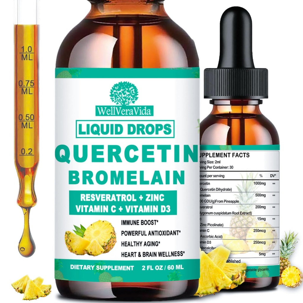 Bromelain 액체 하락을 가진 Quercetin, 캡슐 & 알약, 7에서 1 유기 아연 Quercetin 1000mg Bromelain 500mg 비타민 C D3 호흡 건강 & 산화를 억제하는를 위한 면역성 지원