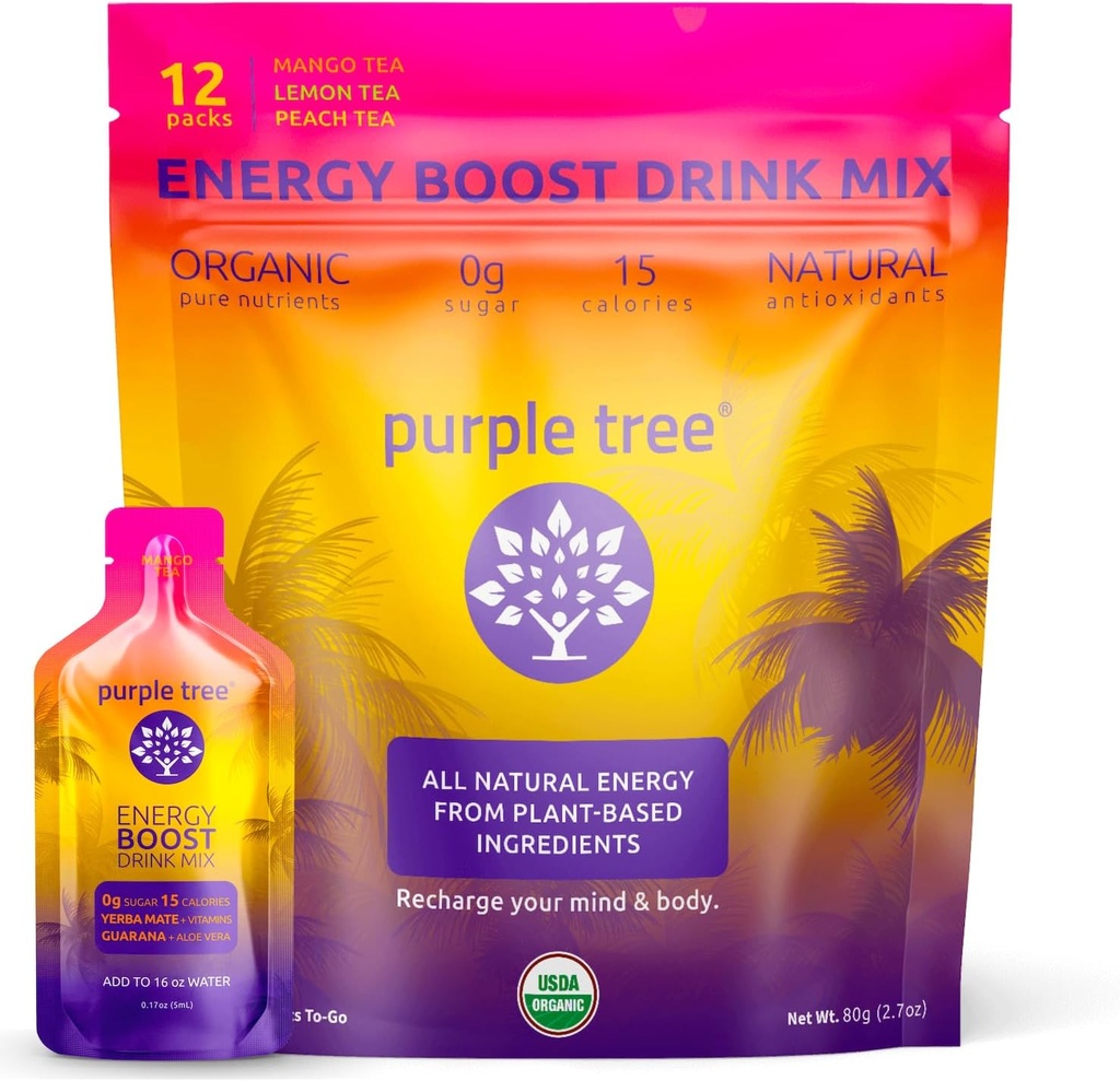 보라색 나무 유기 에너지 스틱 패킷 – Zero Sugar, 80mg Yerba Mate & Guarana에서 자연 카페, 매끄러운, Crash-Free Energy에 대한 B12 비타민과 - 레몬 아이스 티 맛, 12 to-Go 팩