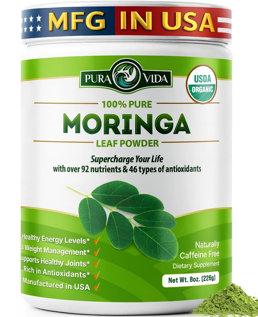 PURA VIDA MORINGA 분말 유기 단일 원산지 - 프리미엄 100 % 잎 분말, USDA 유기 Moringa Oleifera, Moringa 잎 분말 - 스무디 및 조리법을위한 완벽한. 8 oz.