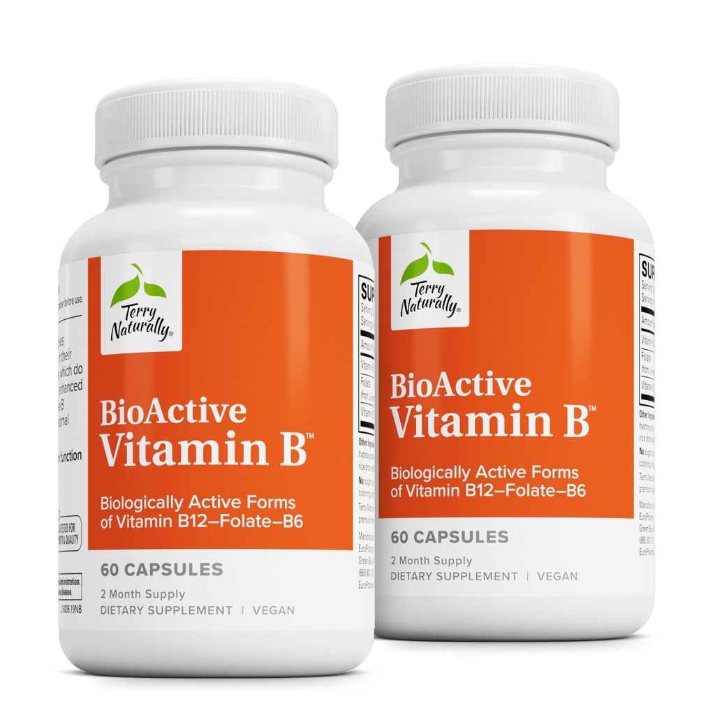 Terry Naturally BioActive Vitamin B - Bioactive B 비타민과 Aid Heart Health - Folate 및 칼슘과 보충 - B Complex Vitamin to Aid Nervous System Function - 60 캡슐 (팩 2)