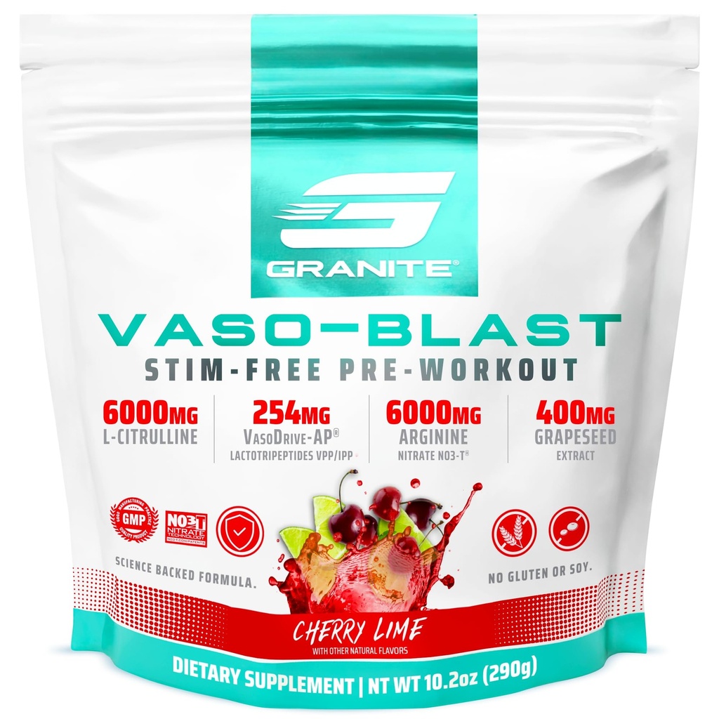 화강암은 Vaso 폭발, Cherry Lime 맛, Stimulant-Free Pre Workout for Men & Women with Grapeseed Extract, Arginine Nitrite, & VasoDrive-AP for Max Pump (20 서빙)