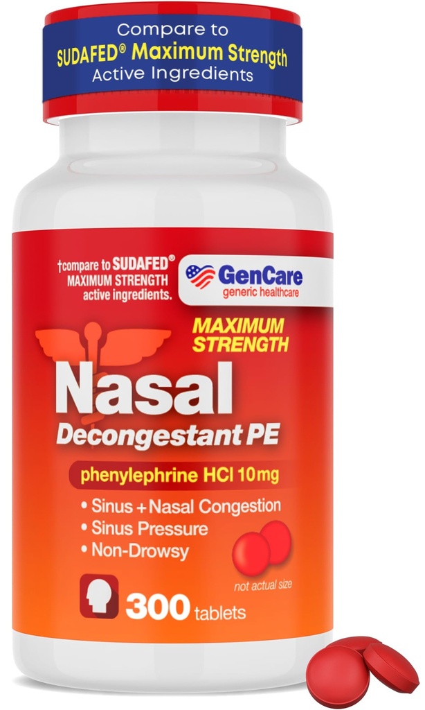 GenCare - Nasal Decongestant (10mg 정제) Phenylephrine HCl (병 당 300의 정제) | 값 팩 비 Drowsy Sinus 및 Nasal Congestion 구호 | 알레르기 또는 질병 때문에 더 낮은 Sinus 압력