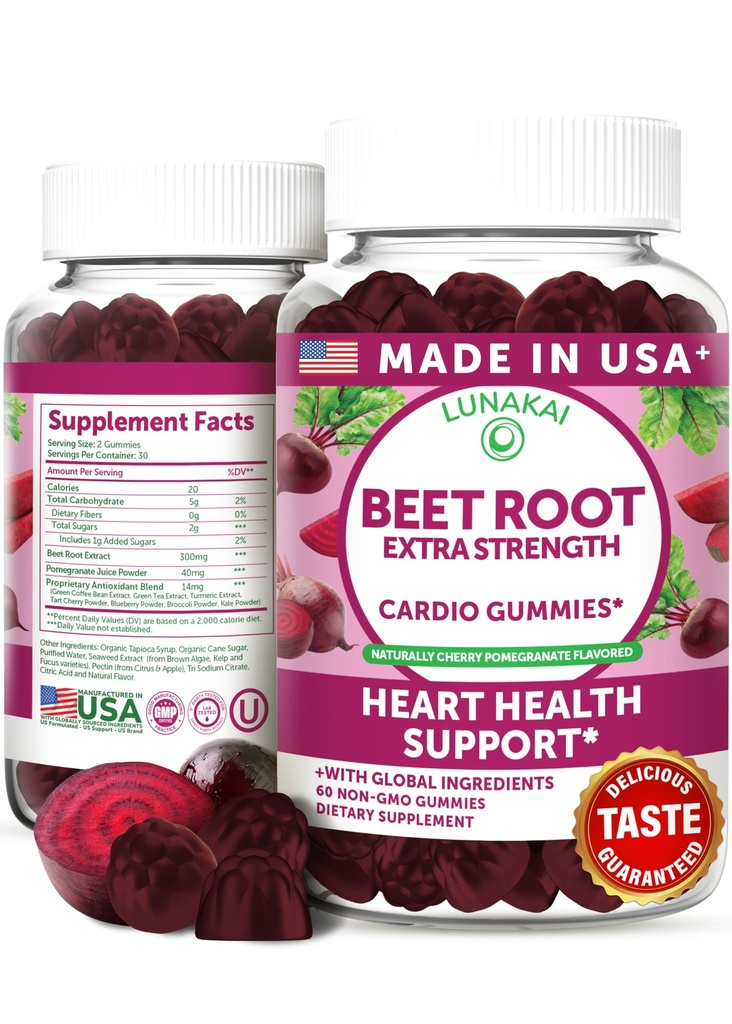 Lunakai USA는 항산화 혼합을 가진 사탕 뿌리 Gummies를 만들었습니다 - Delicious Non-GMO Beet Chews, 60ct