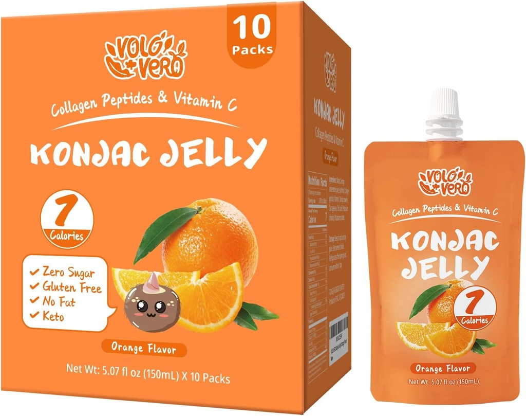 Konjac 젤리 파우치 음료 오렌지 맛, 낮은 칼로리 (7 Kcal), 10 팩, 글루텐 무료, 케토, 설탕 무료, 낮은 카브, 비타민 C 건강한 과일 스낵, 휴일 선물