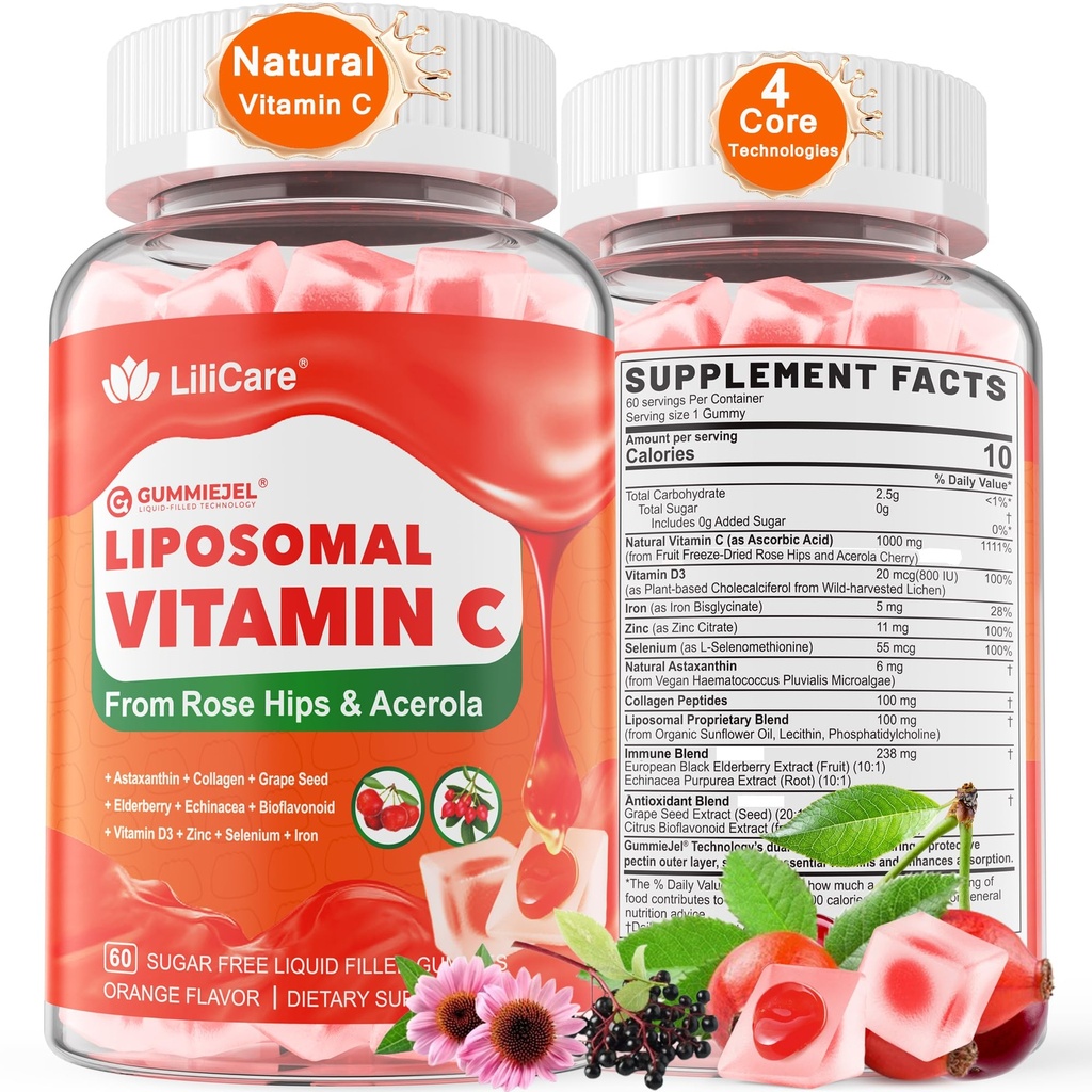 성인 & 아이 9+를 위한 자연적인 Liposomal 비타민 C 1000mg Gummies, Chewable 비타민 C w/11mg 아연, D3, Elderberry, Echinacea, Bioflavonoid, 면역성이 있는 지원, 과일, 설탕 자유로운에서 전체적인 음식 VIT C
