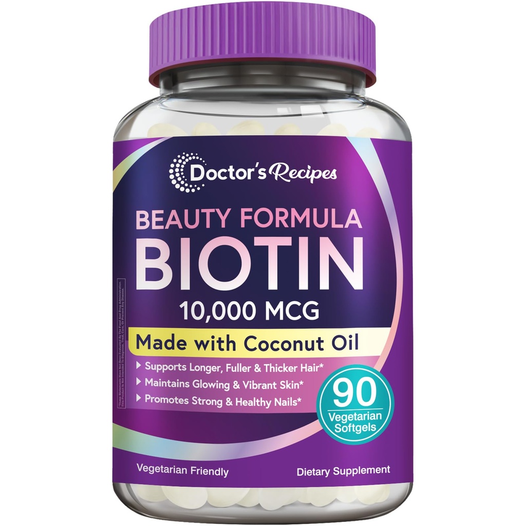 의사의 조리법 Biotin 10,000 mcg, 머리 성장, 건강한 피부 & 못, 에너지 대사, 채식주의자 친절한 Biotin, 코코넛 기름과 더불어, 비 GMO, 3 달 공급, 90 채식주의자 Softgels
