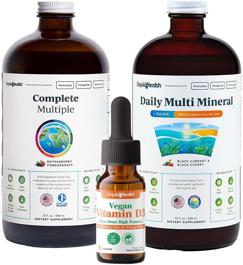 LIQUIDHEALTH Ultra Immunity Liquid Vitamin Bundle for Adults with Complete Multivitamin, Daily Multi Minerals and Vegan Vitamin D3 Drops - 면역 지원 비타민, 전체 식품, 비건, 비 GMO
