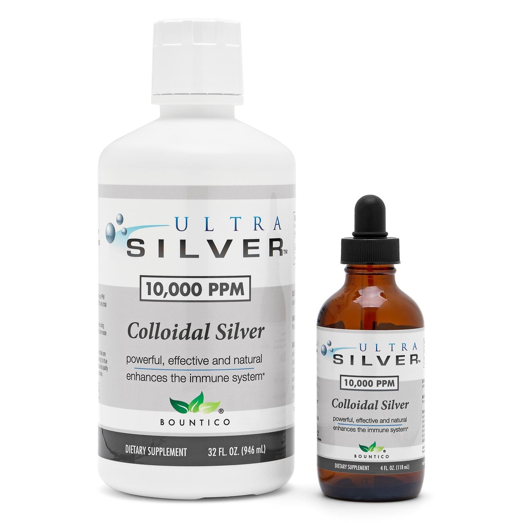 울트라 실버® 콜로이드 실버 | 10,000 PPM, 32 Oz (946mL) | 미네랄 보충 | True Colloidal Silver - 4 oz Dropper Bottle(Empty) 포함!