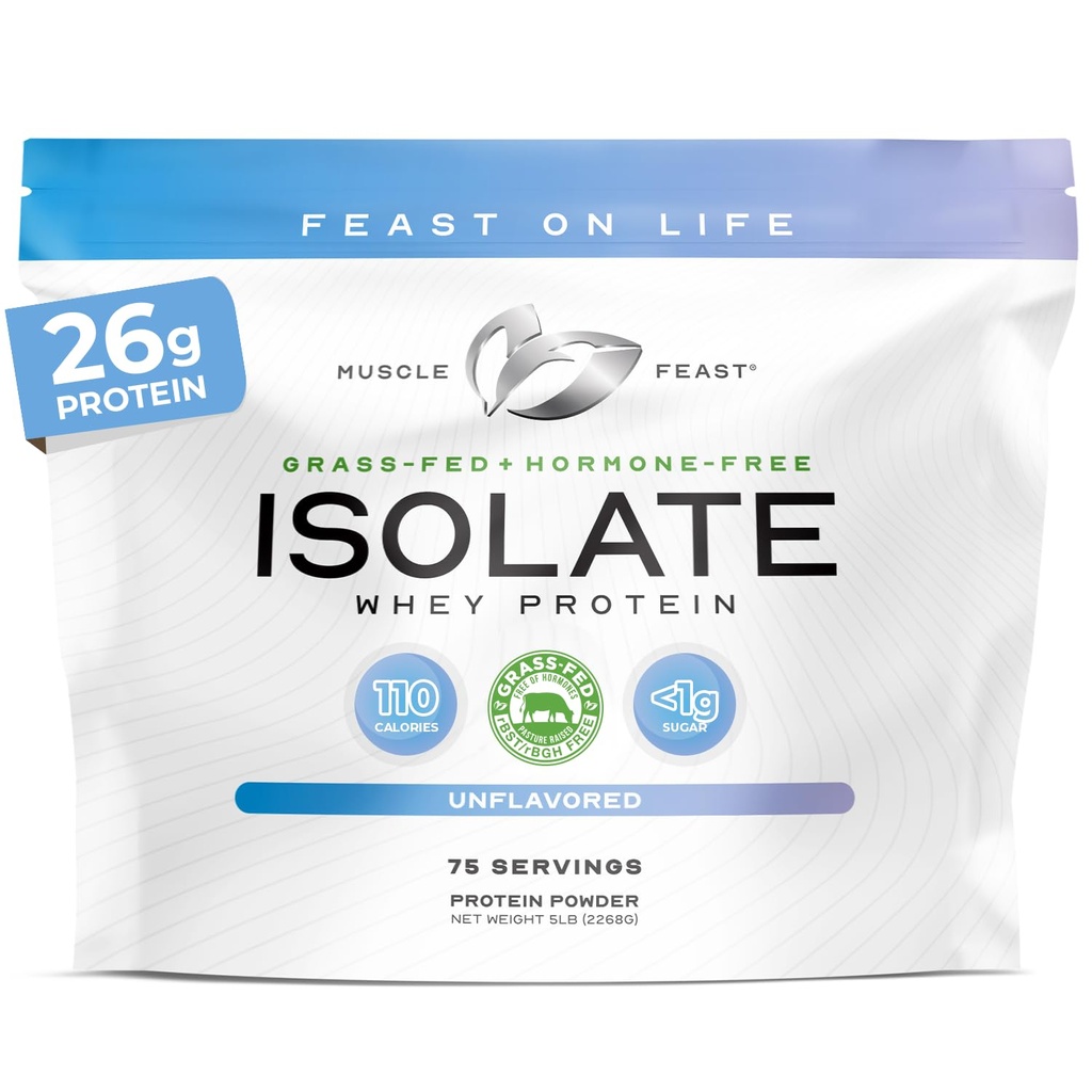 근육 Feast Grass-Fed Whey Protein Isolate, 모든 천연 호르몬 무료 Pasture 절상, 남성과 여성을위한 Whey Isolate Protein Powder, Clean, Non-GMO & Gluten-Free, Isolate Protein - Unflavored, 5lb