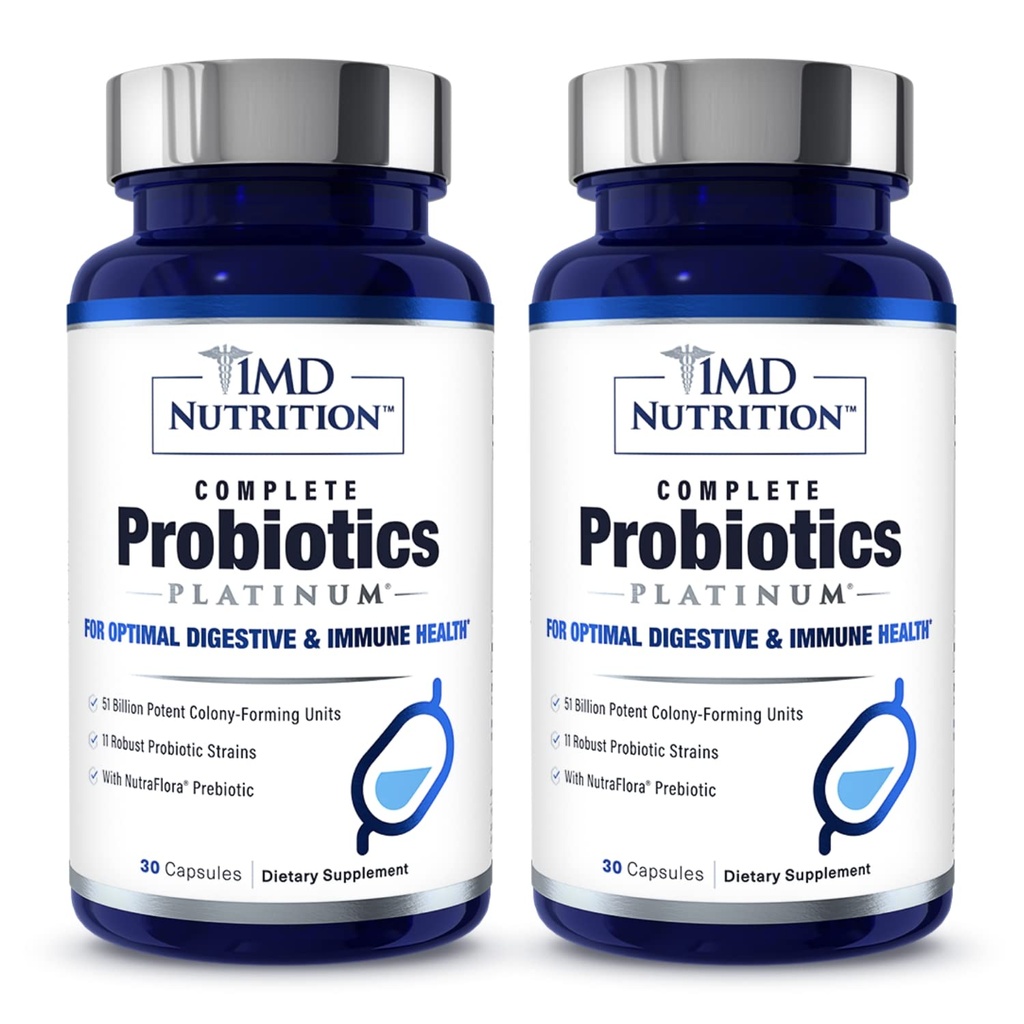 1MD Complete Probiotics Platinum | 소화 건강 지원 | Nourishing Prebiotics, 51 Billion Live CFU, 11 Strains, Dairy-Free | 30 식물성 캡슐 (2-Pack)