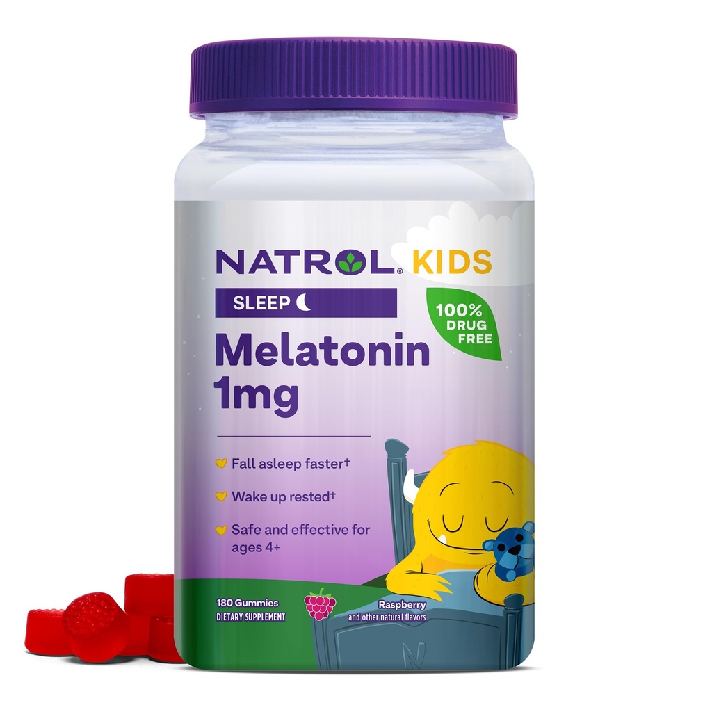 Natrol Kids Melatonin 1 mg, 휴식 수면을위한 규정식 보충, 아이를위한 멜라토닌 Gummies, 180 라즈베리 - lavored Gummies, 180 일 공급
