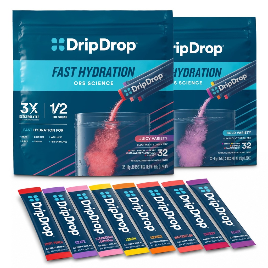 DripDrop Hydration - 전해질 분말 패킷 - 수박, 베리, 레몬, 오렌지, 과일 펀치, 포도, 딸기 레몬, 체리 - 64 개