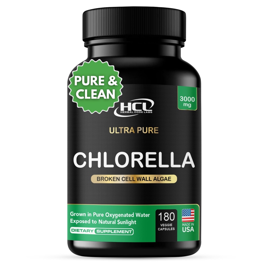 Chlorella 캡슐 3000 mg - 금된 세포 벽 파란 녹색 조류 보충교재 - 제일 자연적인 Detox Cleanse - 식물 비타민 무기 Chlorophyll Vegan 단백질 분말 알약 - 미국에서 만드는